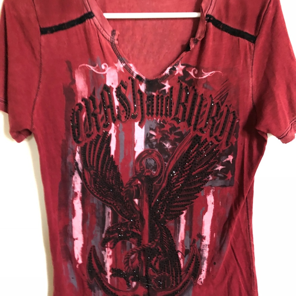 Crash & Burn Red Distress V-Neck T-Shirt